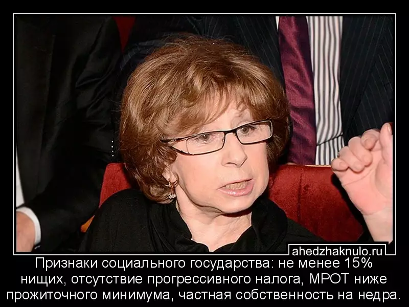 Признаки социального государства: не менее 15% нищих, отсутствие прогрессивного налога, МРОТ ниже прожиточного минимума, частная собственность на недра.